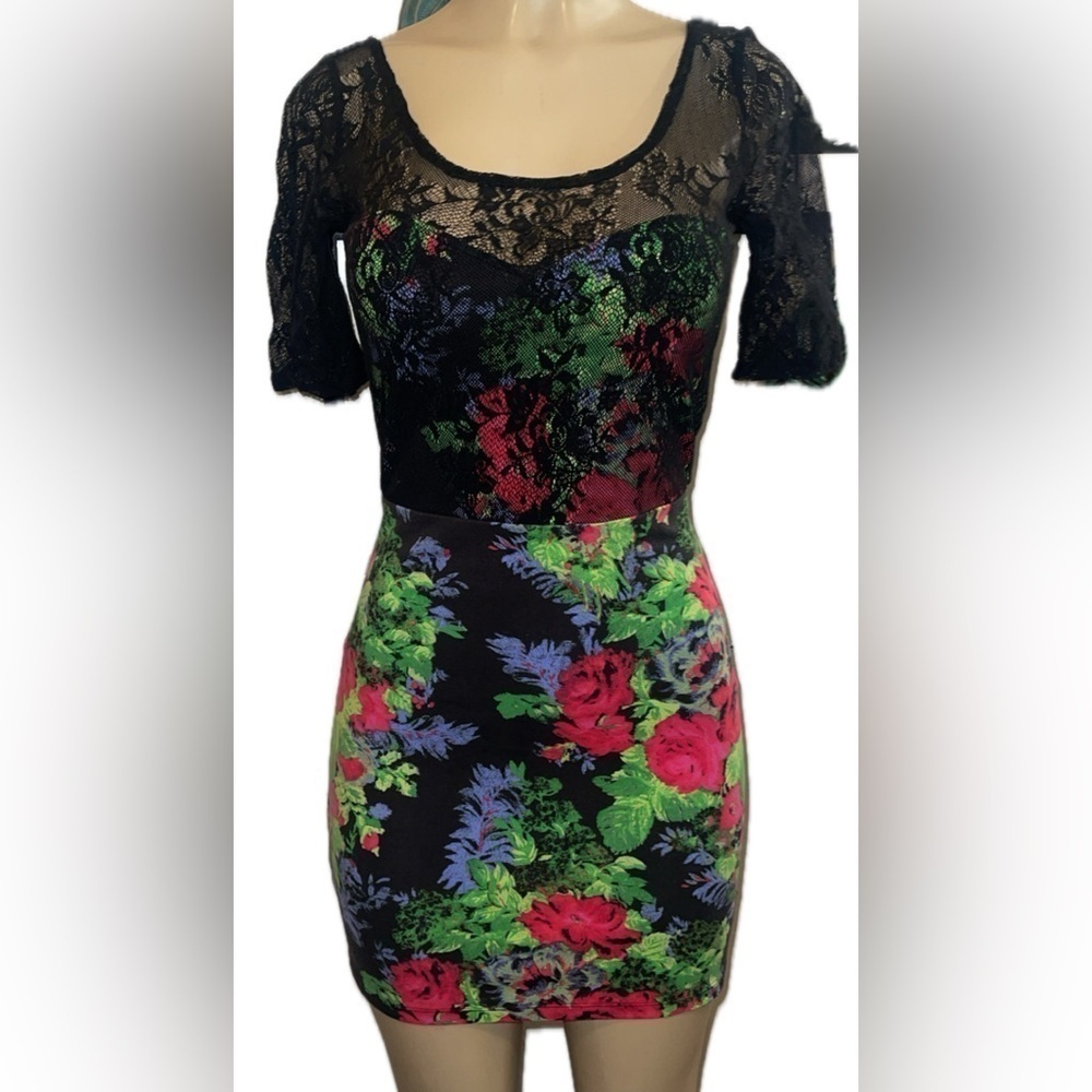 Intimately Free People Lace And Floral Scoop Neck Bodycon 90's Mini Dress SP